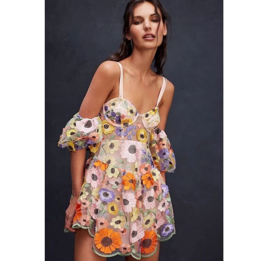 For Love And Lemons Prato Embroidered Bold Colorful 3D Floral Mini Dress L